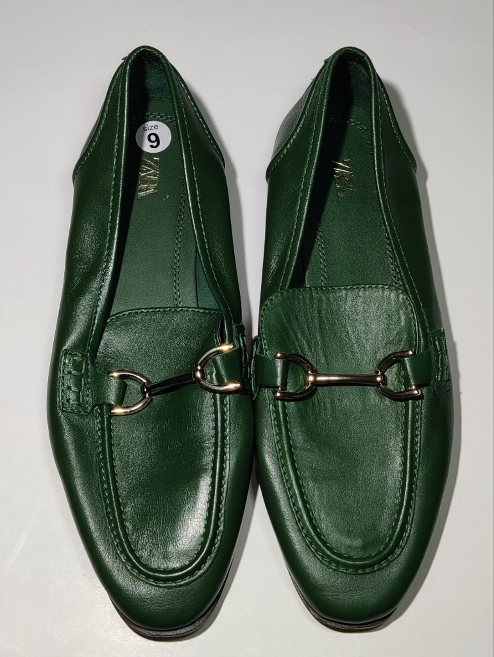 Zara Women Green Leather Horsebit Loafers Size 9 US 40 EU Gold Bit Slip On Flat